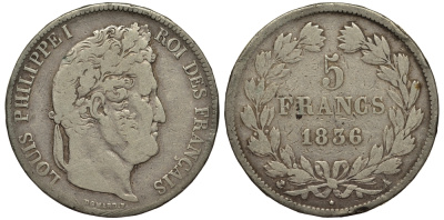 Франция 5 франков 1836 А, Луи Филипп I (1830-1848) KM 749.1 серебро    1530-1013