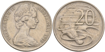 Австралия 20 центов 1968 Елизавета II (1952-2022), утконос KM 66 медно-никель 4131-844