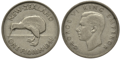 Новая Зеландия 1 флорин 1941 Георг VI (1936-1952), птичка киви KM 10.1 серебро 272-1524