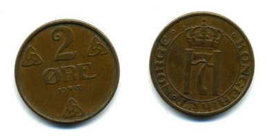 НОРВЕГИЯ 2 ЭРЕ 1947 ХОКОН VII KM 371 бронза 56-455