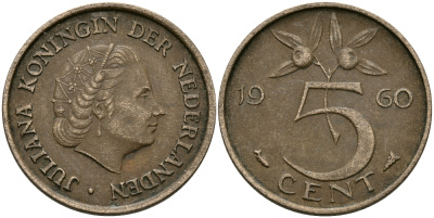 НИДЕРЛАНДЫ 5 ЦЕНТОВ 1960 ЮЛИАНА KM 181 бронза 95-343