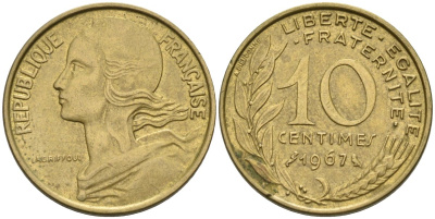 Франция 10 сантимов 1967 тип Morlon KM 929, LE FRANC 144.7 медь алюминий никель 4575-155