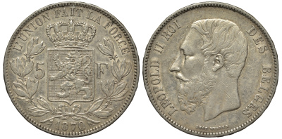 Бельгия 5 франков 1870 Леопольд II (1865-1909) KM 24 серебро 443-223
