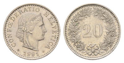 Швейцария 20 раппенов 1991 B KM 29a медно-никель 187-544