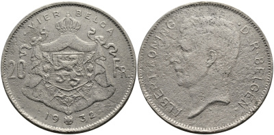 БЕЛЬГИЯ 20 ФРАНКОВ 1932 АЛЬБЕРТ I (1909-1934), BELGEN KM 102 никель 413-3525