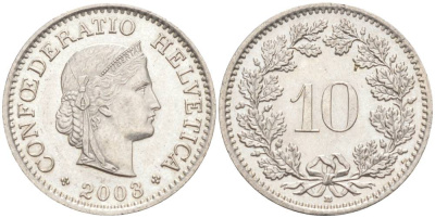 ШВЕЙЦАРИЯ 10 РАППЕНОВ 2003 В KM 27 медно-никель 55-546