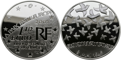 Франция 1 1/2 евро 2005 60 лет мира в Европе, голуби мира КМ 1441 серебро PROOF 1095-3-33