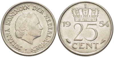 НИДЕРЛАНДЫ 25 ЦЕНТОВ 1954 ЮЛИАНА (1948-1980) KM 183 никель 214-922