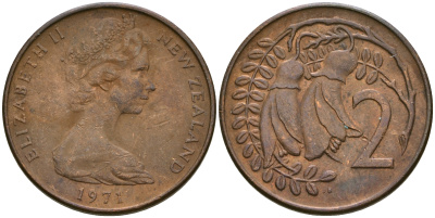 Новая Зеландия 2 цента 1971 Елизавета II (1952-2022), два цветка каухаи KM 32.1 бронза 4364-3666
