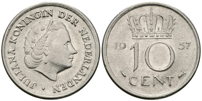 Нидерланды 10 центов 1957 Юлиана (1948-1980) KM 182 никель 96-344
