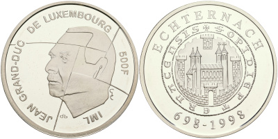 Люксембург 500 франков 1998 1300 лет коммуне Эхтернах KM 73 серебро PROOF 06-256-13