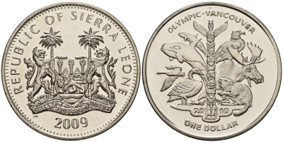 Сьерра-Леоне 1 доллар 2009 XXI зимние Олимпийские Игры, Ванкувер 2010 - животные медно-никель UNC 118-325