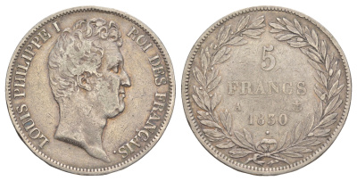 Франция 5 франков 1830 A, Луи-Филипп I (1830-1848) KM 735 серебро 413-331