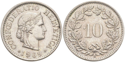 ШВЕЙЦАРИЯ 10 РАППЕНОВ 1969 В KM 27 медно-никель 55-415