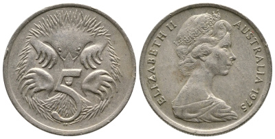 АВСТРАЛИЯ 5 ЦЕНТОВ 1975 ЕЛИЗАВЕТА II, МОЛОДОЙ ПОРТРЕТ, ЕХИДНА KM 64 медно-никель 84-435