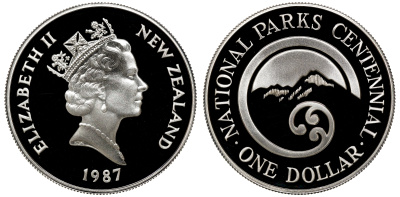 Новая Зеландия 1 доллар 1987 100 лет Национальному парку, Елизавета II (1952-2022), в оригинальной коробке KM 65а серебро PROOF 4-3-4-39