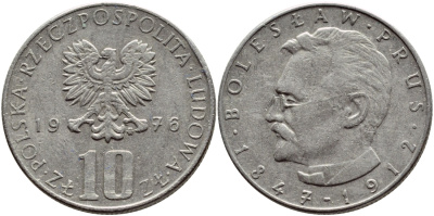 ПОЛЬША 10 ЗЛОТЫХ 1976 MW, БОЛЕСЛАВ ПРУС KM 73 медно-никель 4390-546