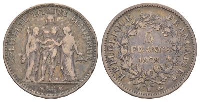 Франция 5 франков 1878 K, Геркулес KM 820 серебро 413-332