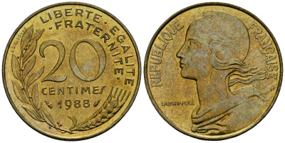 Франция 20 сантимов 1988 тип Marianne KM 930 медь алюминий никель 4135-634