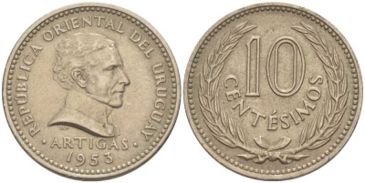 УРУГВАЙ 10 СЕНТЕСИМО 1953 ХОСЕ ХЕРВАСИО АРТИГАС KM 35 медно-никель 57-1335