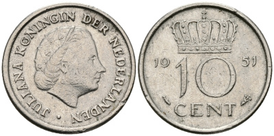 Нидерланды 10 центов 1951 Юлиана (1949-1980) KM 182 никель 96-468
