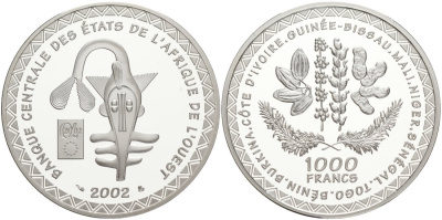 Валютный Союз стран Западной Африки 1000 франков 2002 тираж 500 экземпляров KM 16 серебро PROOF 00-00