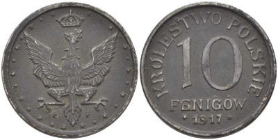 ПОЛЬША 10 ФЕНИГОВ 1917 FF. ГЕРМАНСКАЯ ОККУПАЦИЯ, ПЕРВАЯ МИРОВАЯ ВОЙНА, ЛЕГЕНДА НЕ КАСАЕТСЯ КРАЯ KM 6 железо 5010-1243