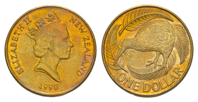 Новая Зеландия 1 доллар 1990 Елизавета II (1952-2022), птица киви KM 78 алюминиевая бронза 4652-716