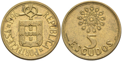 Португалия 5 эскудо 1996 KM 632 никель латунь 4573-1011