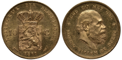 Нидерланды 10 гульденов 1877 Виллем III KM 106 золото UNC 00-808-02