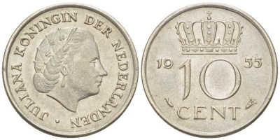 Нидерланды 10 центов 1955 Юлиана (1949-1980) KM 182 никель 214-1144
