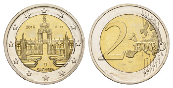 Германия 2 евро 2016 D, серия федеральные земли Германии, Саксония KM 347 биметалл UNC 4695-111
