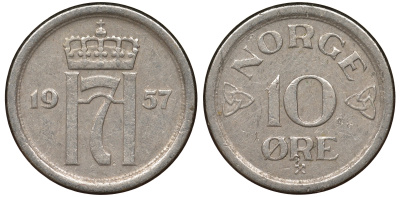 НОРВЕГИЯ 10 ЭРЕ 1957 KM 396 медно-никель 62-857