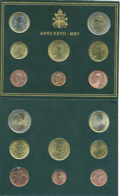 Ватикан евронабор из 8 монет 2005 Папа Иоанн Павел II, в оригинальном буклете KM MS 111 биметалл UNC 7-1-1-22