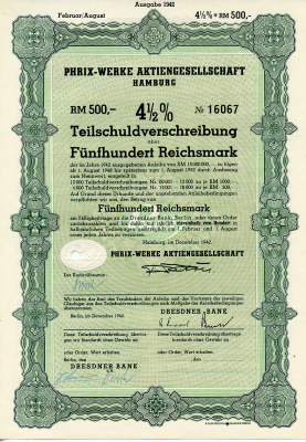 Германия 500 рейхсмарок 1942 АО Phrix-Werke, Гамбург, 4 1/2% облигация   бумага  8804-103-1