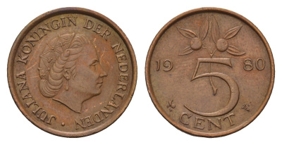 Нидерланды 5 центов 1980 Юлиана (1948-1980) KM 181 бронза 192-1114