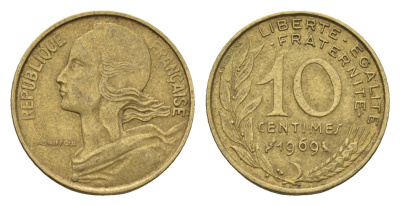 Франция 10 сантимов 1969 KM 929 алюминиевая бронза 4674-562
