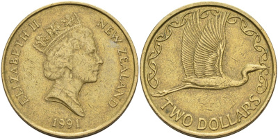 Новая Зеландия 2 доллара 1991 Елизавета II (1952-2022), большая белая цапля KM 79 алюминиевая бронза 4126-1216