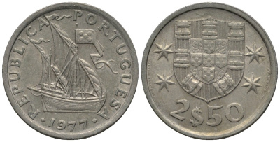 Португалия 2,5 эскудо 1977 парусник KM 590 медно-никель 4576-1269