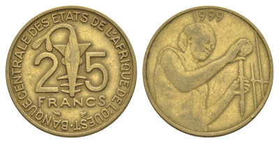 Западная Африка (BCEAO) 25 франков 1999 Центральный банк государств Западной Африки KM 9 алюминиевая бронза 4642-312