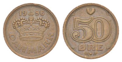 Дания 50 эре 1996 S; B, Маргрете II (1972-2024 ) KM 866 бронза 4514-437