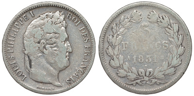 Франция 5 франков 1831 A, Луи Филипп I (1830-1848) KM 745.1 серебро 1066-7-32