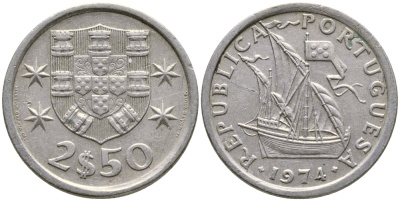 ПОРТУГАЛИЯ 2,5 ЭСКУДО 1974 ПАРУСНИК KM 590 медно-никель 4387-119