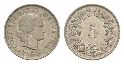 Швейцария 5 раппенов 1959 B KM 26 медно-никель 4611-761