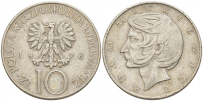 ПОЛЬША 10 ЗЛОТЫХ 1976 MW, АДАМ МИЦКЕВИЧ KM 74 медно-никель 213-814