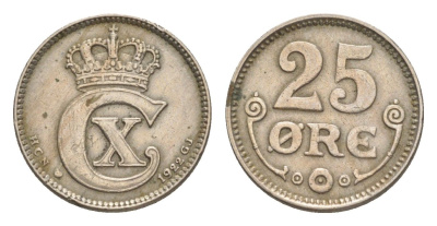 Дания 25 эре 1922 HCN; GJ, Кристиан X (1912-1947) KM 815a медно-никель 1527-1125