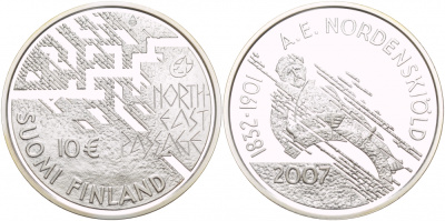 Финляндия 10 евро 2007 175 лет со дня рождения Нильс Адольфа Эрика Норденшёльда, первопроходец Северно-Восточного морского пути KM 134 серебро  PROOF  11-231-53