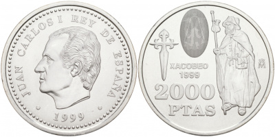 Испания 2000 песет 1999 Святой Иаков, стоящий пилигрим с посохом KM 1011 серебро UNC 1521-1215