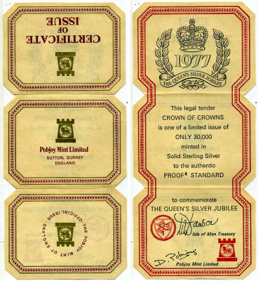 Остров Мэн 1 крона 1977 Серебряный юбилей правления королевы Елизаветы II, три короны KM 41а серебро PROOF 3-4-4-23