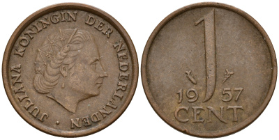 Нидерланды 1 цент 1957 Юлиана (1949-1980) KM 180 бронза    4598-166